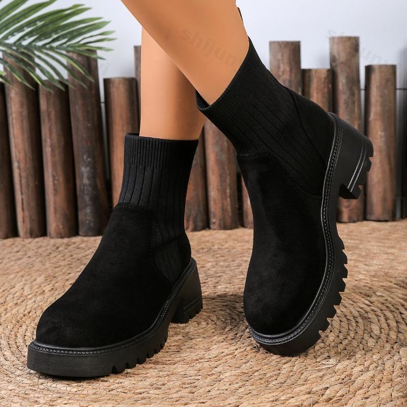 Women's Chelsea Boots 2026 Autumn Winter Fashion Female Mid Heels Thick Soled Shoes Ladies Round Toe Knitted Sexy Ankle Boots