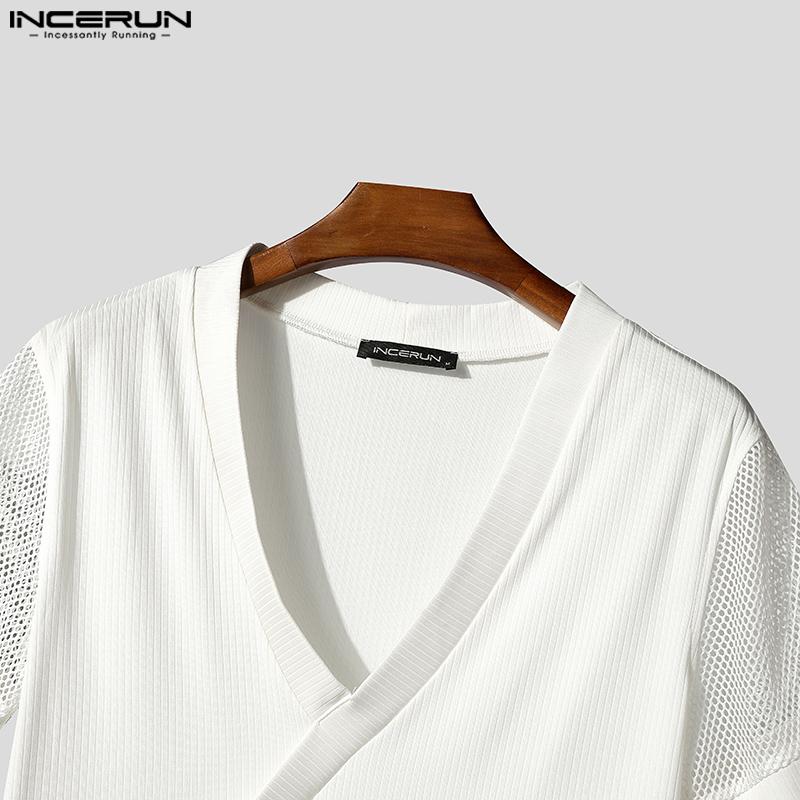 INCERUN Tricouri pentru bărbați cu gât în V, mânecă scurtă, patchwork din plasă, față transparentă cu încrucișare