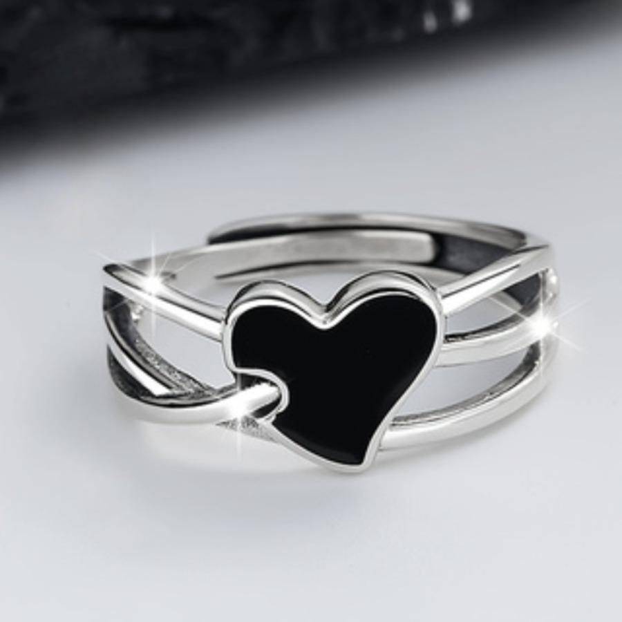 1pc Women's Fashion Wide Band Ring, Silver-Plated Multi-Layer Black Heart Ring, Minimalist Open Adjustable Hypoallergenic Index Finger Ring