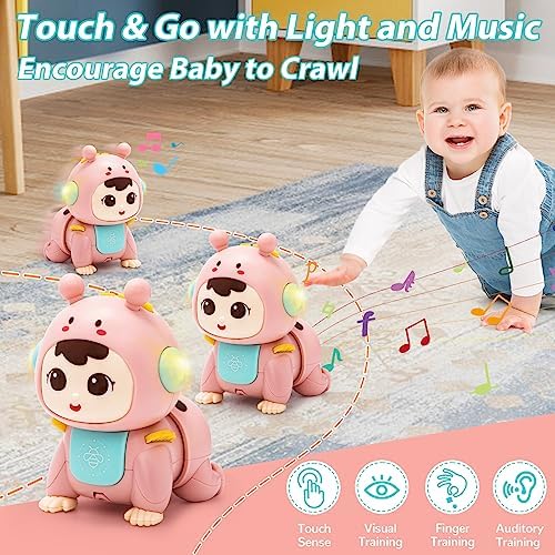 Highttoy Baby Crawling Toy with Lights and Music, Tummy Time Sensory Toy for Infants 3 6 9 Months, Pink