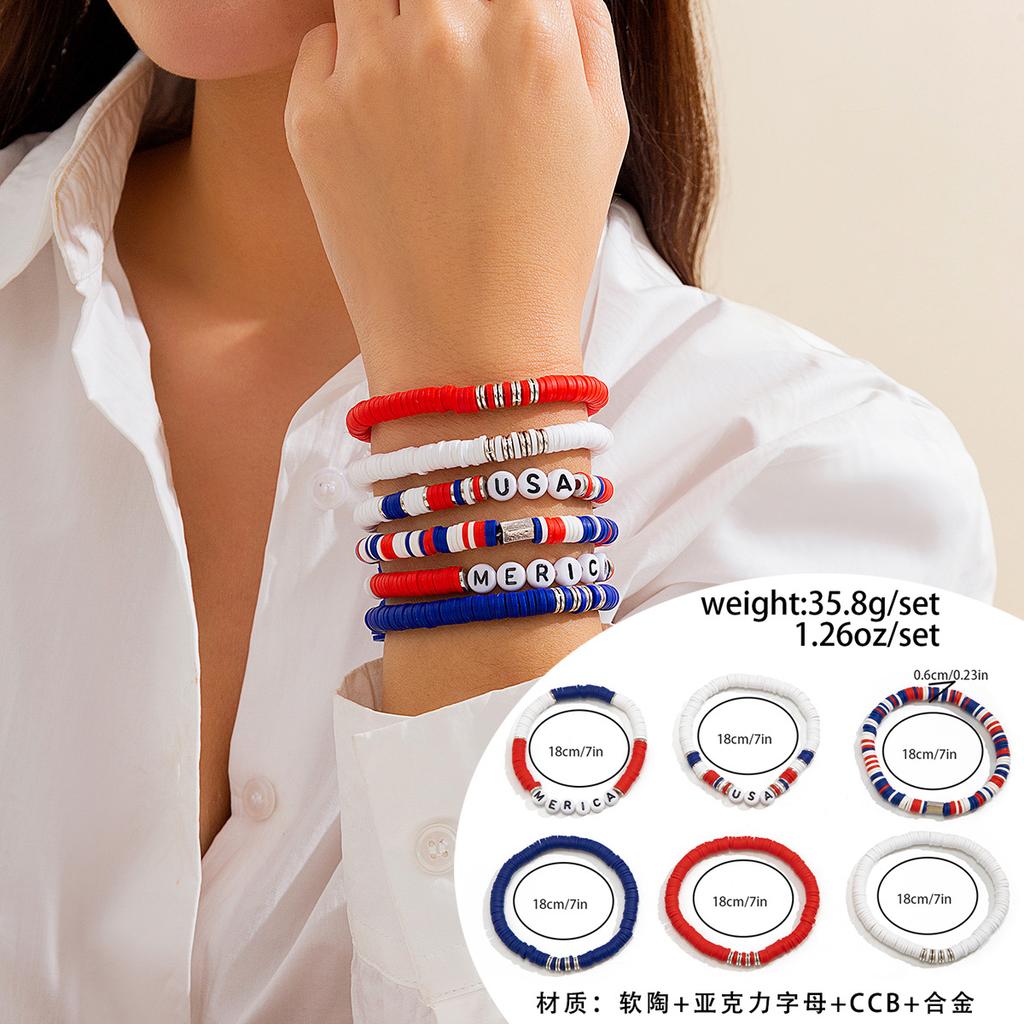 Independence Day Color Soft Pottery Beaded Letter Bracelet Set Elastic Star Banner Contrasting Color Hand Jewelry Women's