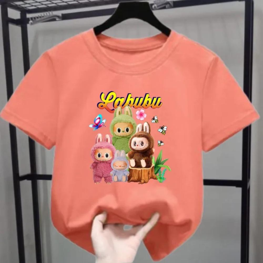New Labubu Children's T-shirt LABUBU with Cute Butterfly Cartoon Pattern Girl Round Neck Short Sleeved Casual Versatile Clothing