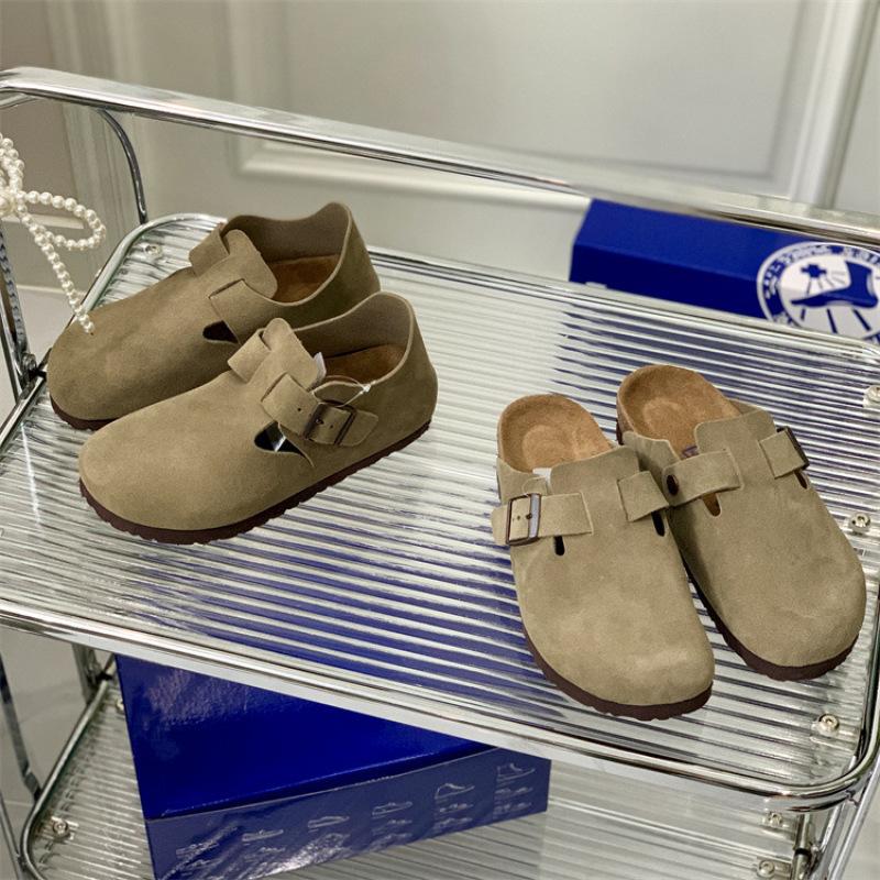 Vintage Boken Semi-drag 2025 Autumn New Suede Cork Flat-soled Muller Shoes Bag Head Slippers Boken Shoes Outside