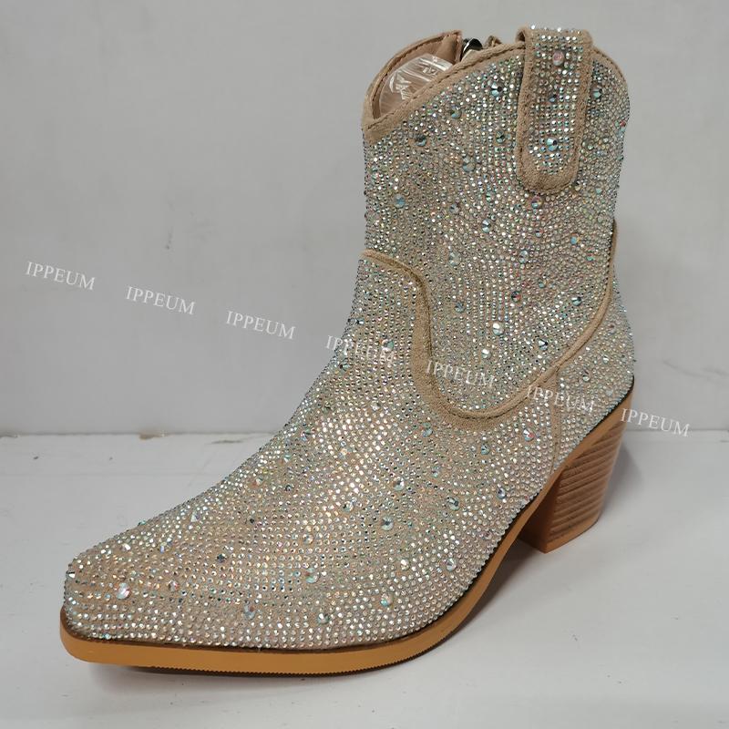 IPPEUM Rhinestone Boots Cowboy Women Black Ankle Design Chunky Heel Ponited Toe Size 43 New In Women's Western Boots