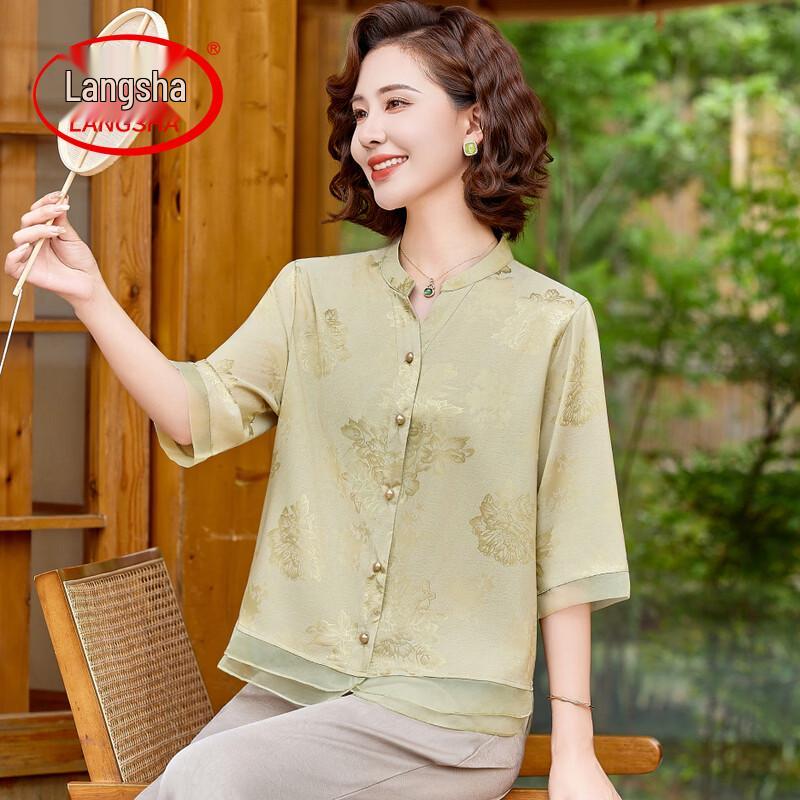 LangSha Women s New Chinese Style Floral Seven-Sleeve Summer Shirt 3XL