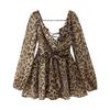 European and American women's hollow V-neck off shoulder lace up lantern sleeve dress