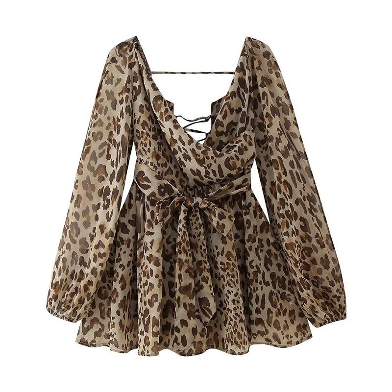 European and American women's hollow V-neck off shoulder lace up lantern sleeve dress