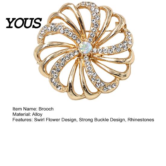 Solid Metal Brooch Pin, Hollow Swirl Flower Pattern Lapel Pin with Rhinestones Inlaid, Durable Spiral Petals Design Versatile Badge for Coats