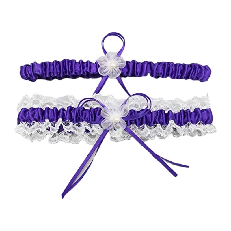 2Pcs Trimmed Lace Bowknot Bridal Garters Set for Engagement Party Accessory Gift