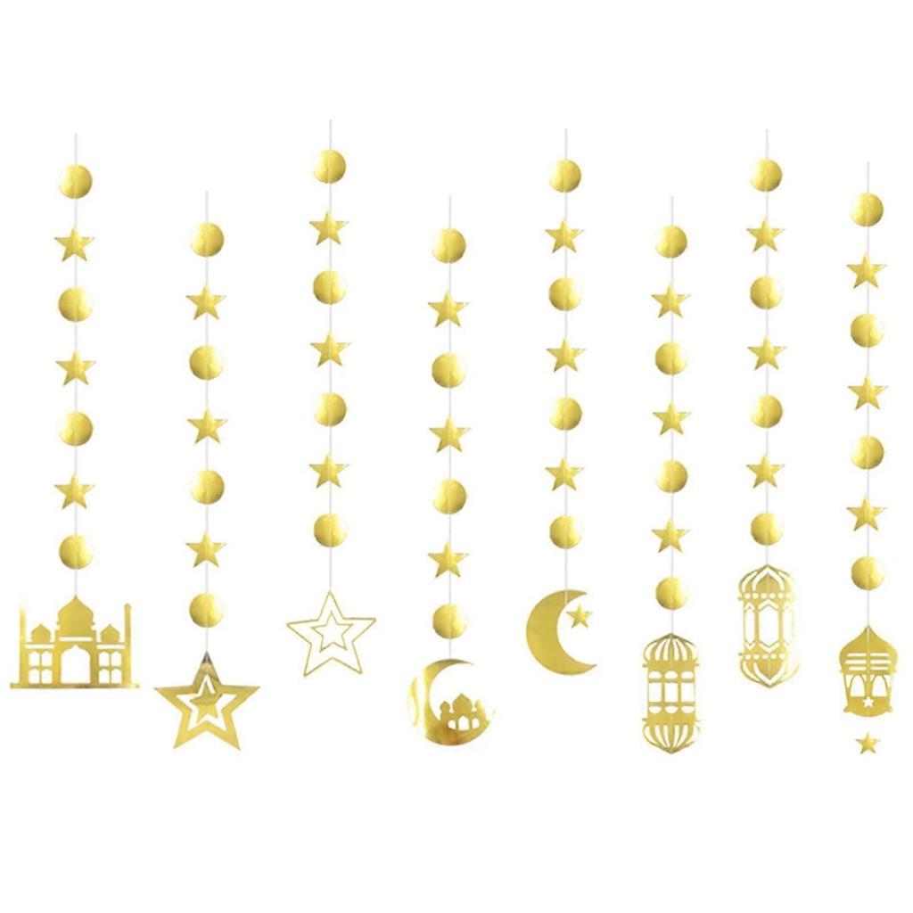 Eid Paper String Pendant 8pcs/set Golden Moon Star Hanging Garland for Banner Ornament for Islam Muslim Ramadan Party Wa less