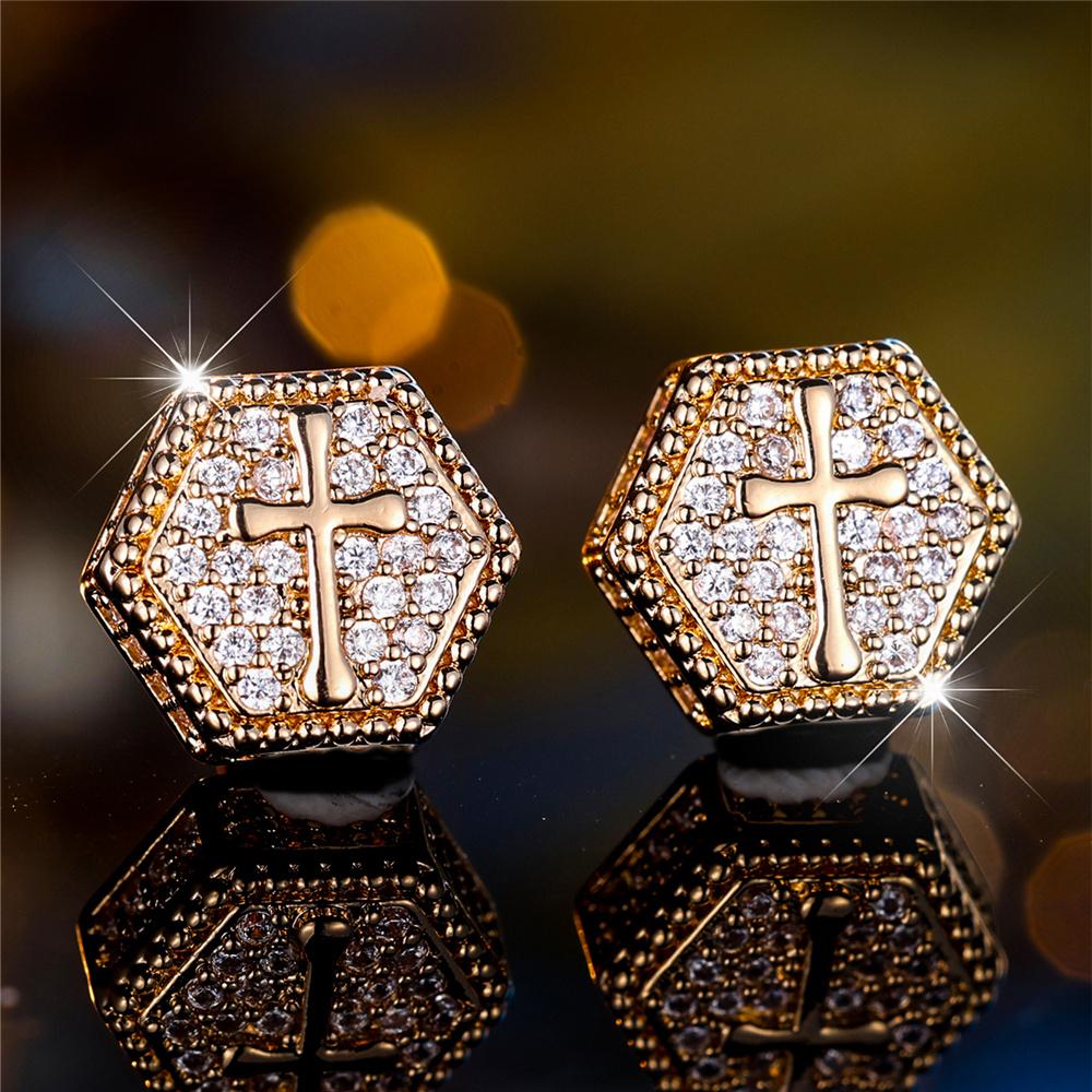 Minimalist Gold Color Cross Hexagon Stud Earrings for Women Simple White Zircon Geometric Earrings Beautiful Party Jewelry Gifts