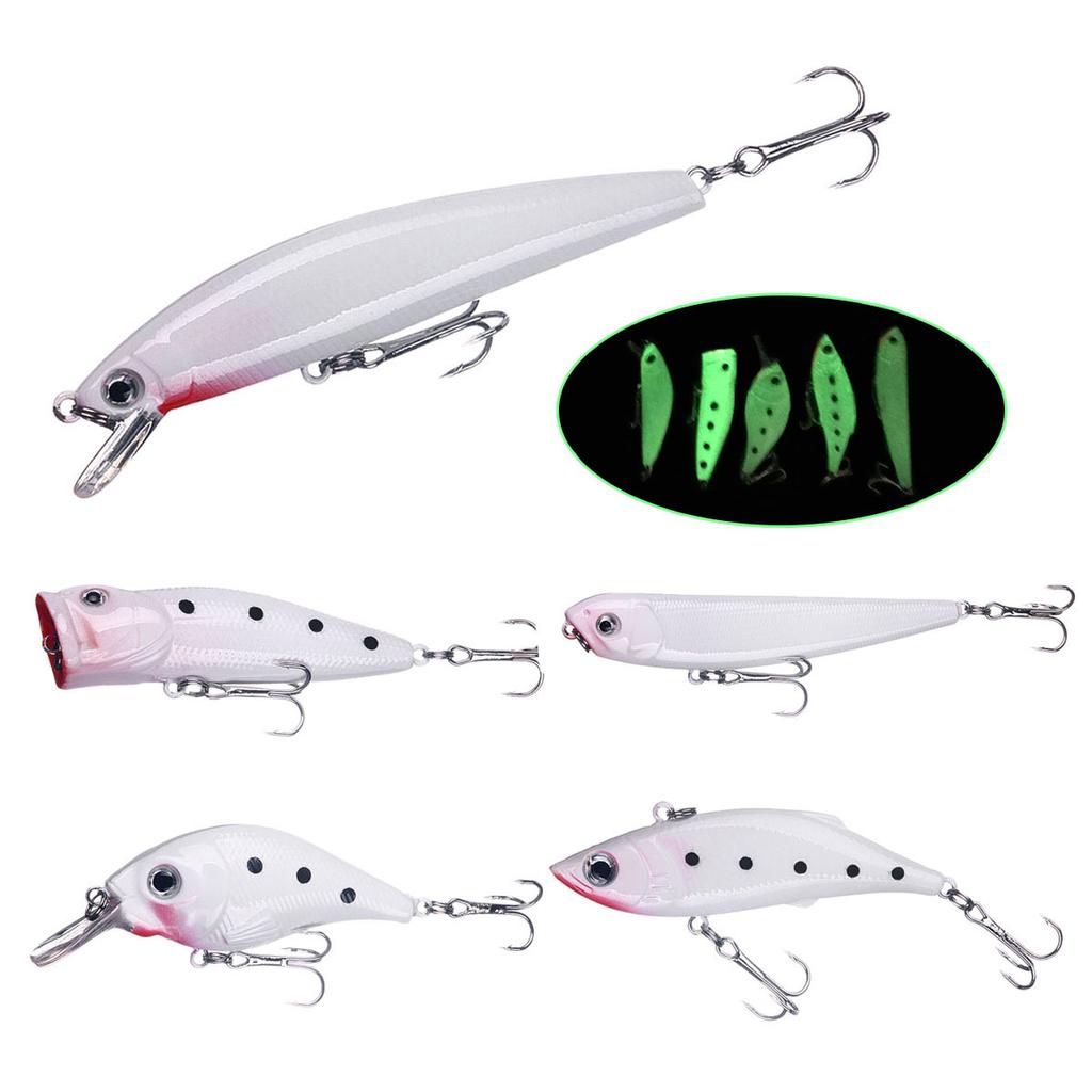 5PCS/BOX Fishing Different Type Minnow Popper Crank Mix Baits Luminous Night Fishing Saltwater Freshwater Fishing Bait