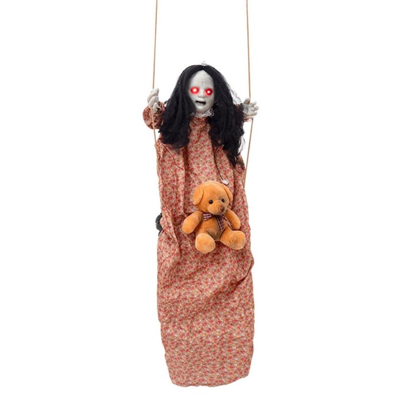 Halloween Hängende Mädchenfigur mit beleuchtetem Gesichtsdetail, Seilschaukel-Dekoration für Veranda-Eingang, Partybereich, Gartenakzent