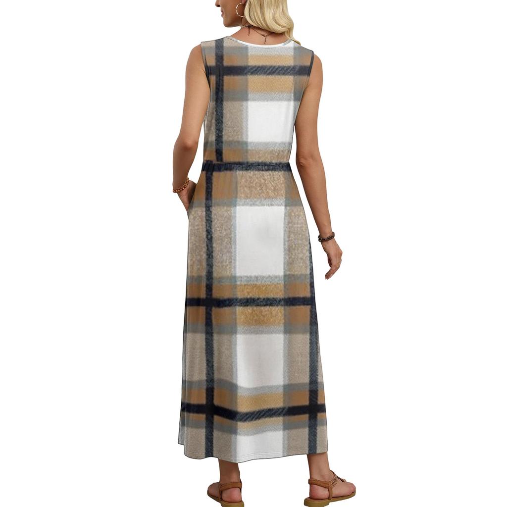 Ladies' Plaid Printed Casual and Fashionable Waist Cinched Sleeveless Dress