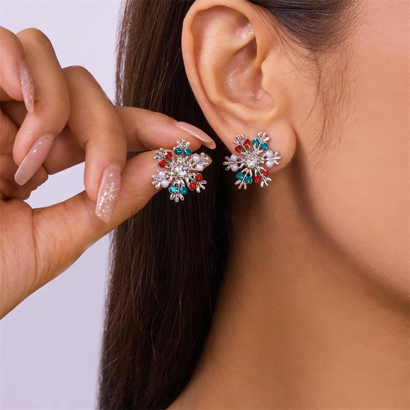 Women Shiny Zircon Imitation Pearl Snowflake Earrings Exquisite Firework Jewelry For Christmas Party