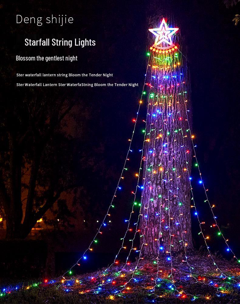 Solar Pentagram Waterfall Fairy String Lights for Outdoor Christmas Tree Decoration