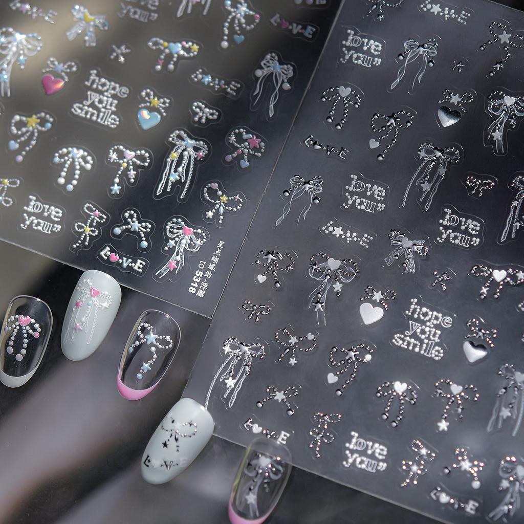 Metal Sticker Nail 3D Kawai Dreamy Star-dotted Butterfly Nail Charms Stickers 5D Ribbon With Love Embossed Nail Art Stickers DIY
