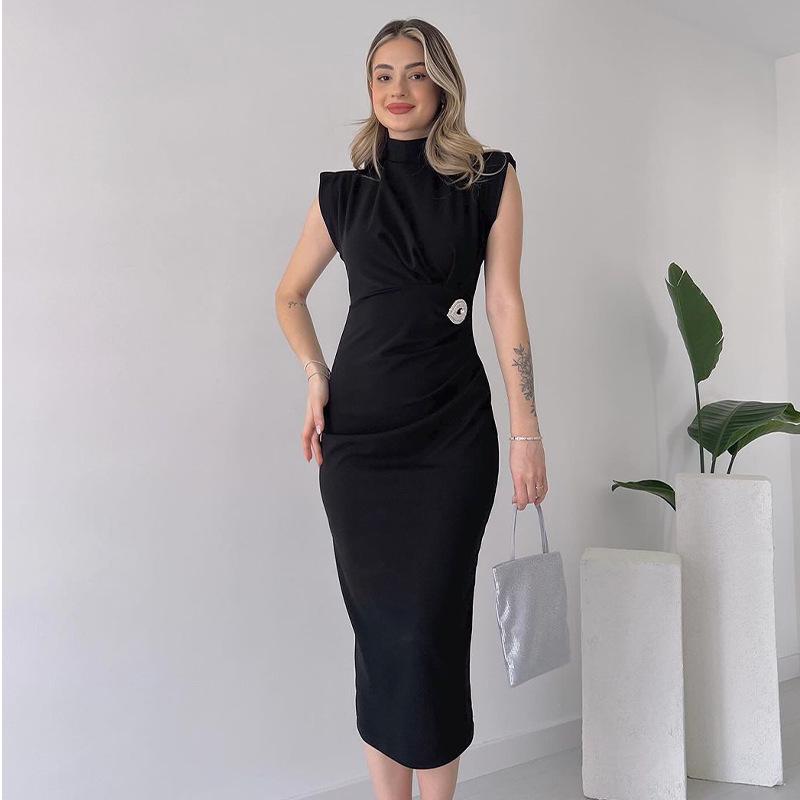 2024 Summer European & American Style Ruffle Sleeve Bodycon Dress with Semi-High Neck for Women.