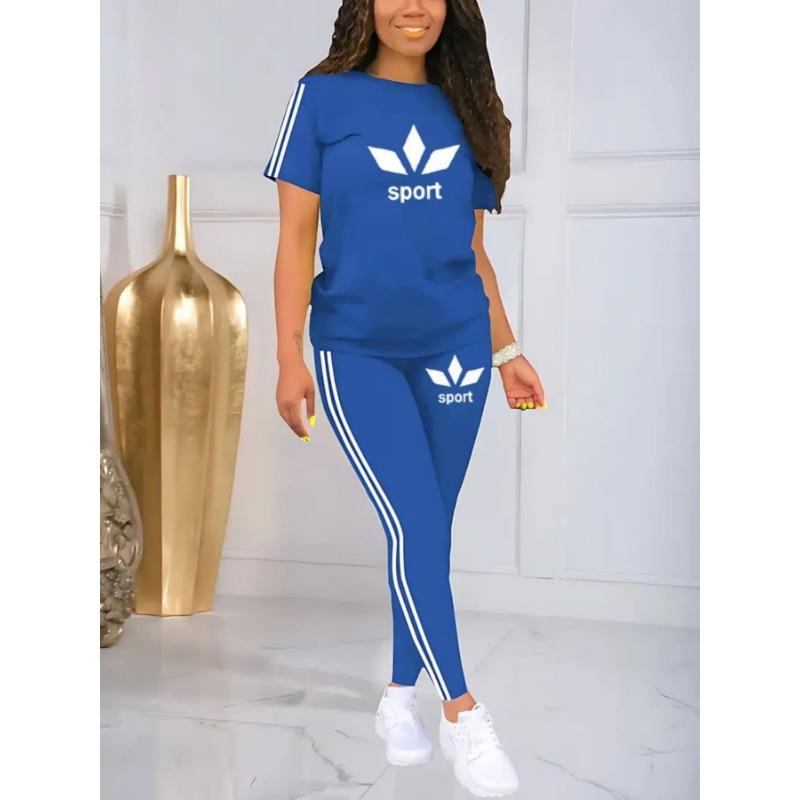 Damen Stretch Kurzarm T-Shirt Hohe Taille Lange Hosen 2-teiliges Workout Yoga Outfit