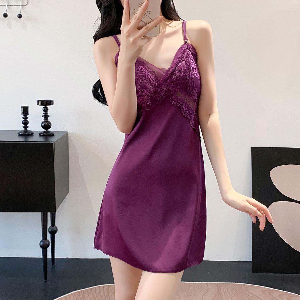New sexy women's summer nightgown lace simulation silk erotic underwear Internet celebrity explosion suspender pajamas loungewear
