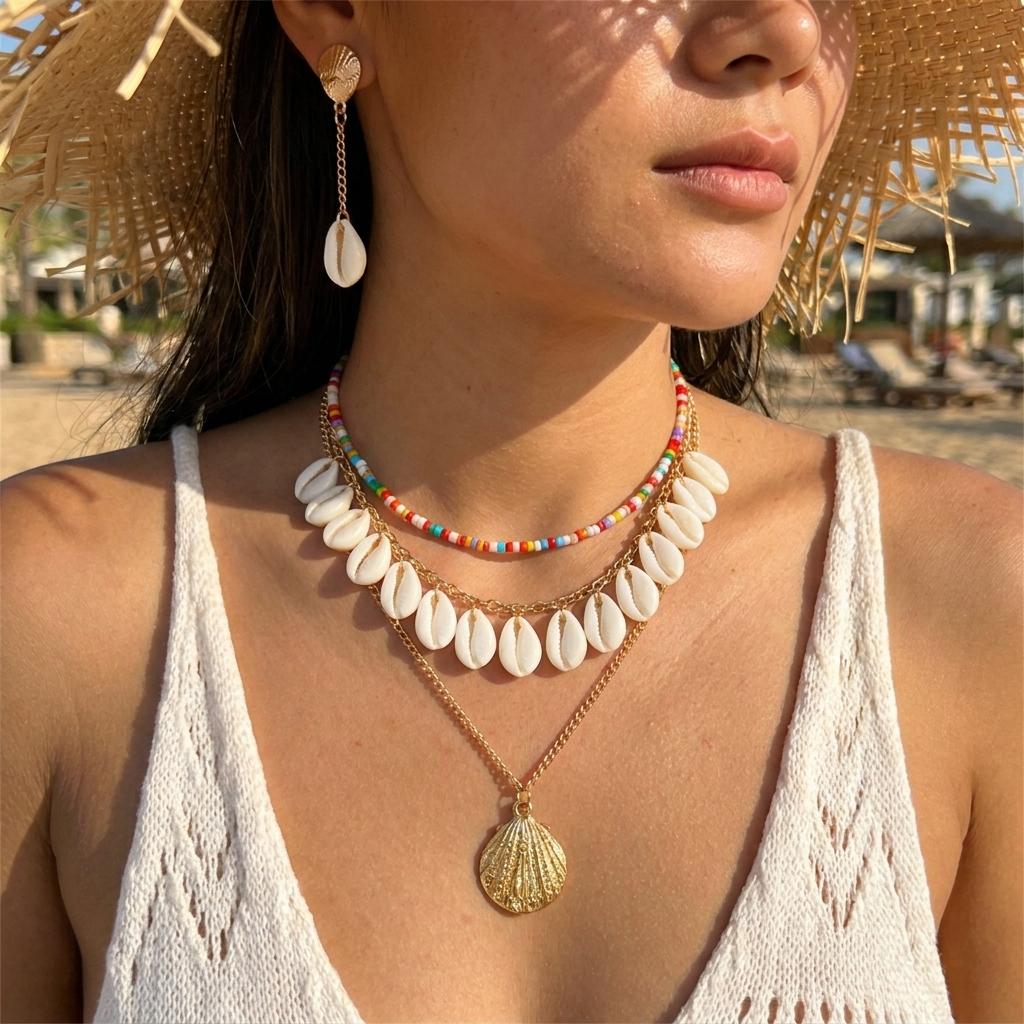 Boho Multilayer Starfish Shell Pendant Jewelry Set For Women Beach Handmade Beaded Choker Earrings Party Vacation Accessories