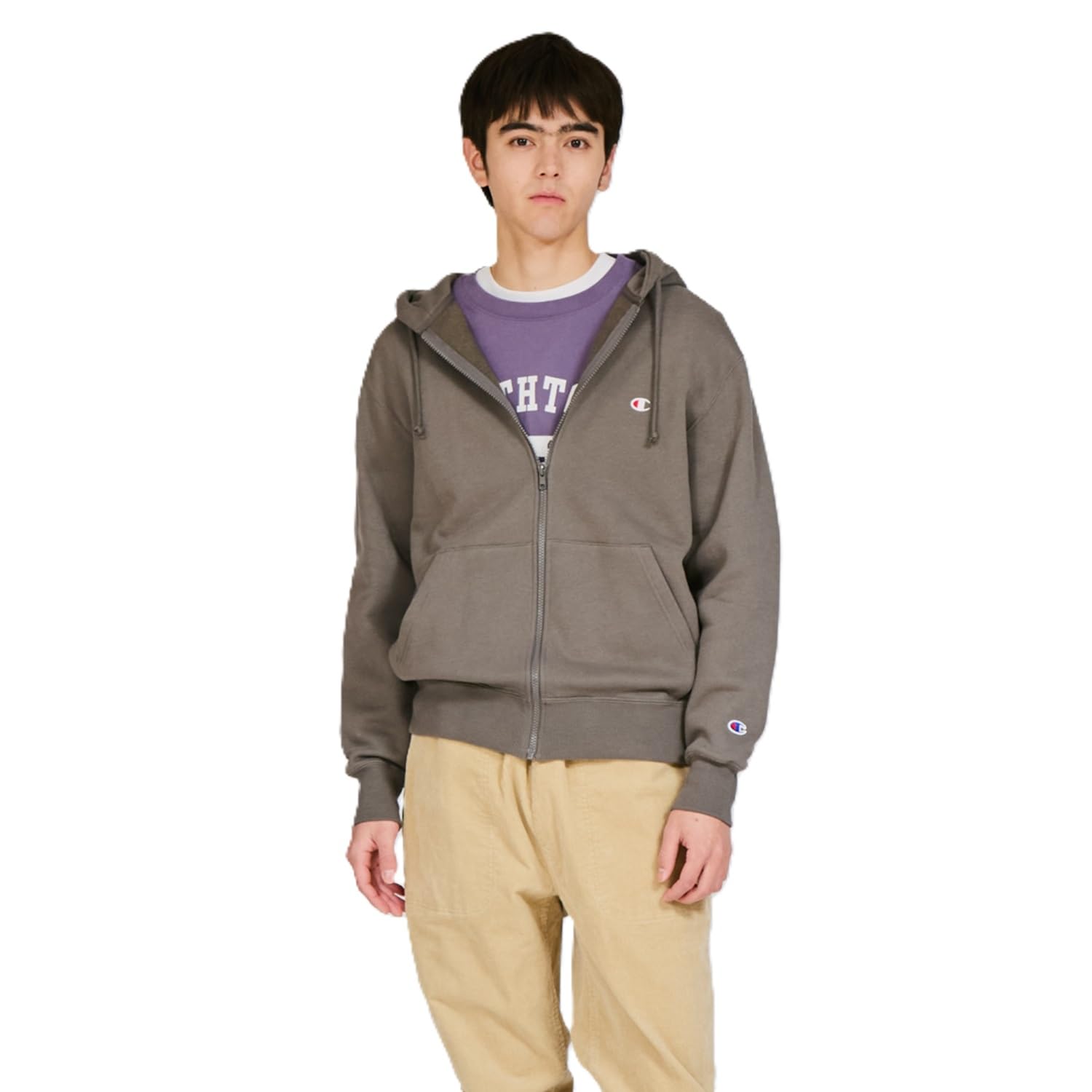 

Champion Long Sleeve Zip Hooded Sweatshirt with Embroidered Dark Men s Fleece-Lined Logo, Gray, C3-W106Z
