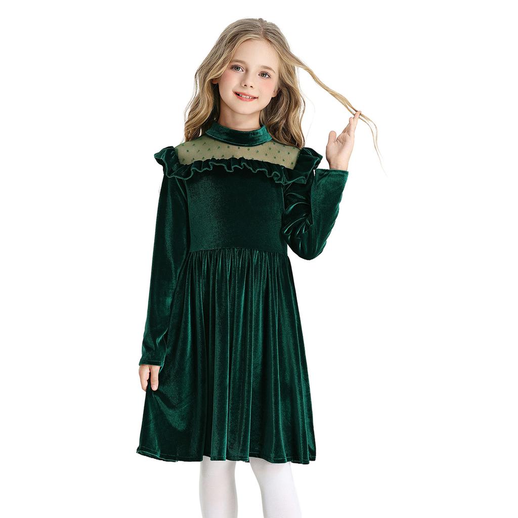 Girls' Fashion Cute Solid Color Ruffled Long-Sleeve Princess Christmas Party Performance Dress Tulle Gown