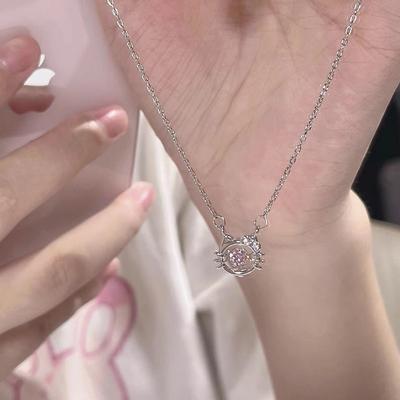 Pink Diamond Cat Necklace Women's Light Luxury Niche Cute Zircon Cat Head Stainless Steel Collarbone Chain