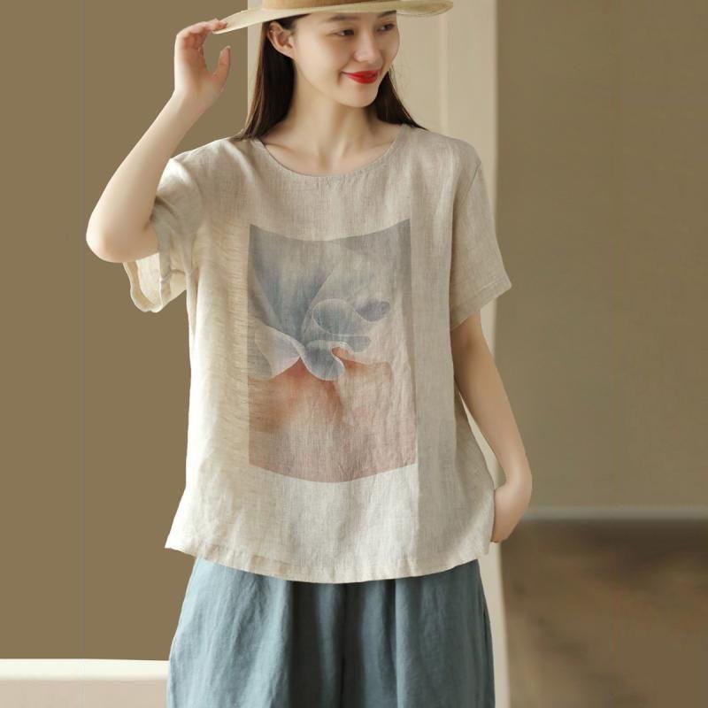 YYFS Women's Fashion Casual Summer Spring Flower Pattern Print 1/2 Sleeves O-Neck Blouses & Shirts