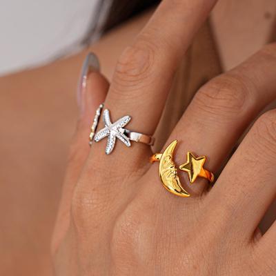 Stainless Steel Starfish Moon Open Ring: Elegant, Stylish, and Versatile Women's Accessory