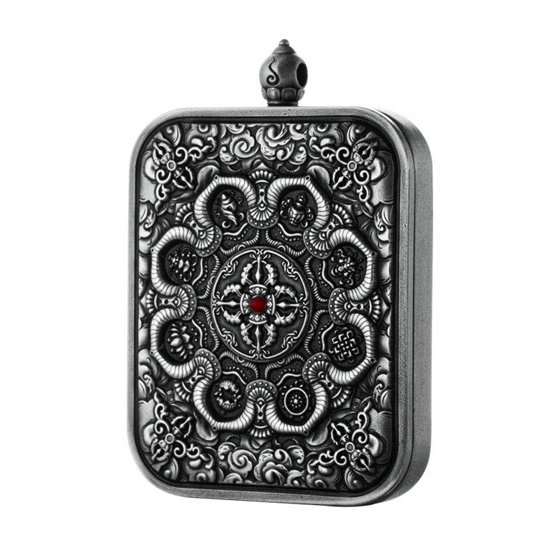 Authentic Sterling Silver & Brass Eight Auspicious Symbols Pendant Thangka Ga'u Box with Exquisite Relief from Nepal
