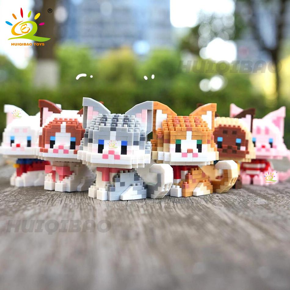 HUIQIBAO Cute Cat Micro Model Building Block Kids Mini Pets City Cartoon Animal Diamond Bricks Educational Toys Children Gift
