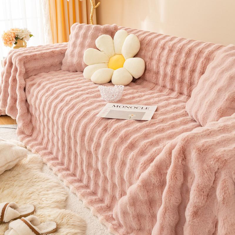 Rabbit Plush Large Sofa Anti Slip Cover Cloth Thick Winter Sofa Slipcover Protector Cover Sofa Cushion Anti Cat Scratch Universal Cover Blanket