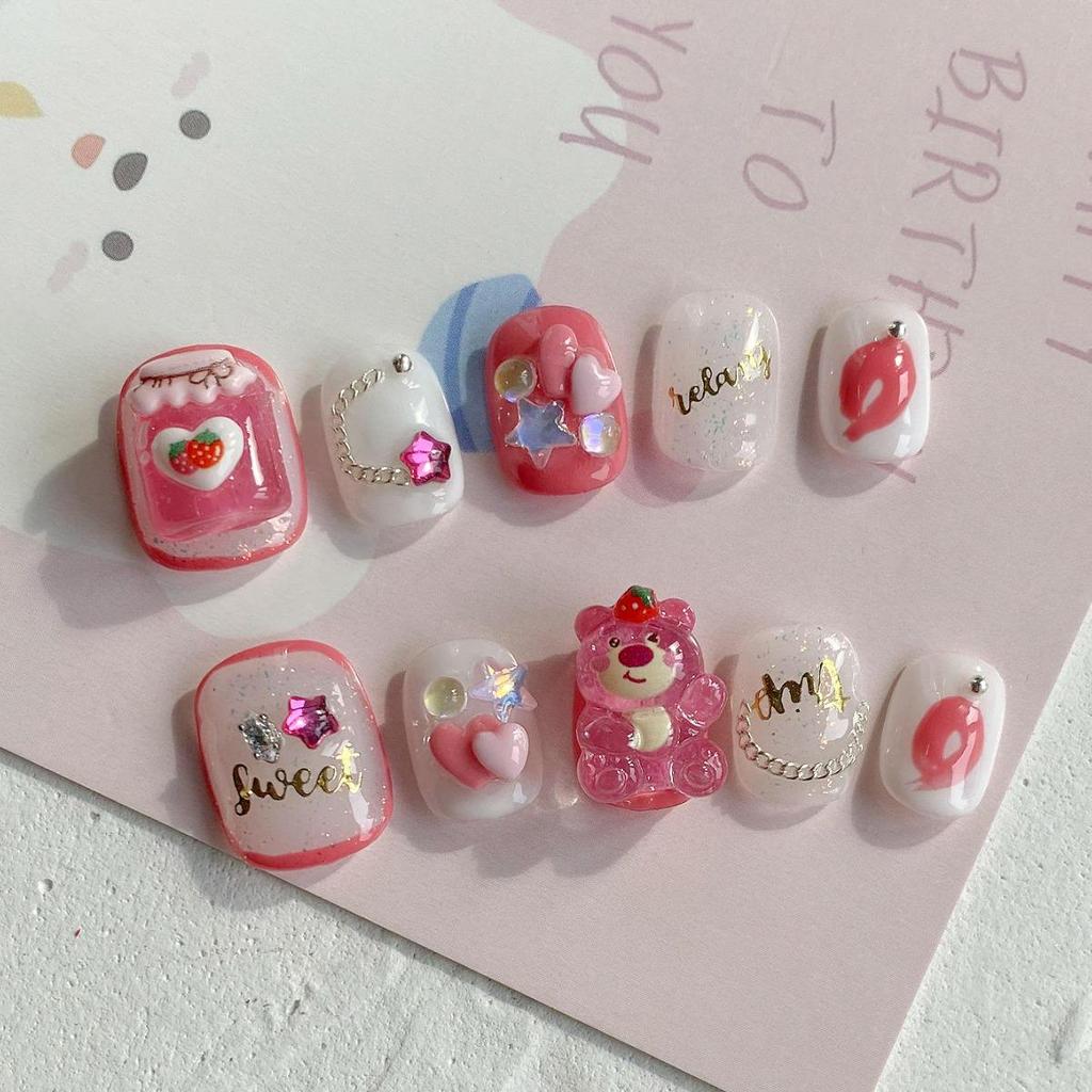 Strawberry Bear Short Wearable Nails - Cute Cartoon Design, Gentle Whitening, Handmade Finished Manicure Patches