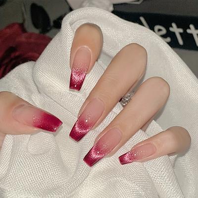 24 Stück rote Katzenaugen-Aufdrücknägel, reflektierende Glitzer-Kunstnägel, glänzende, vollständige Abdeckung, mittellange Sargnägel für Frauen und Mädchen