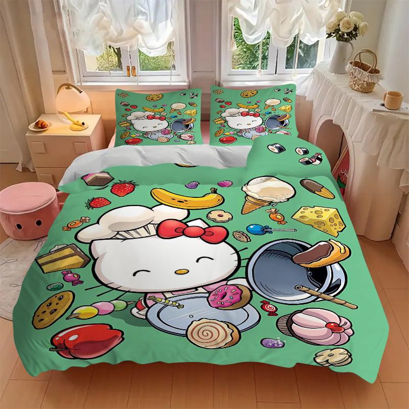 3pcs Sanrio Hello Kitty's Sweet Adventure Printed Quilt Set Soft and Comfortable Quilt Cover for Bedroom, Guest Room Bedding Set S090