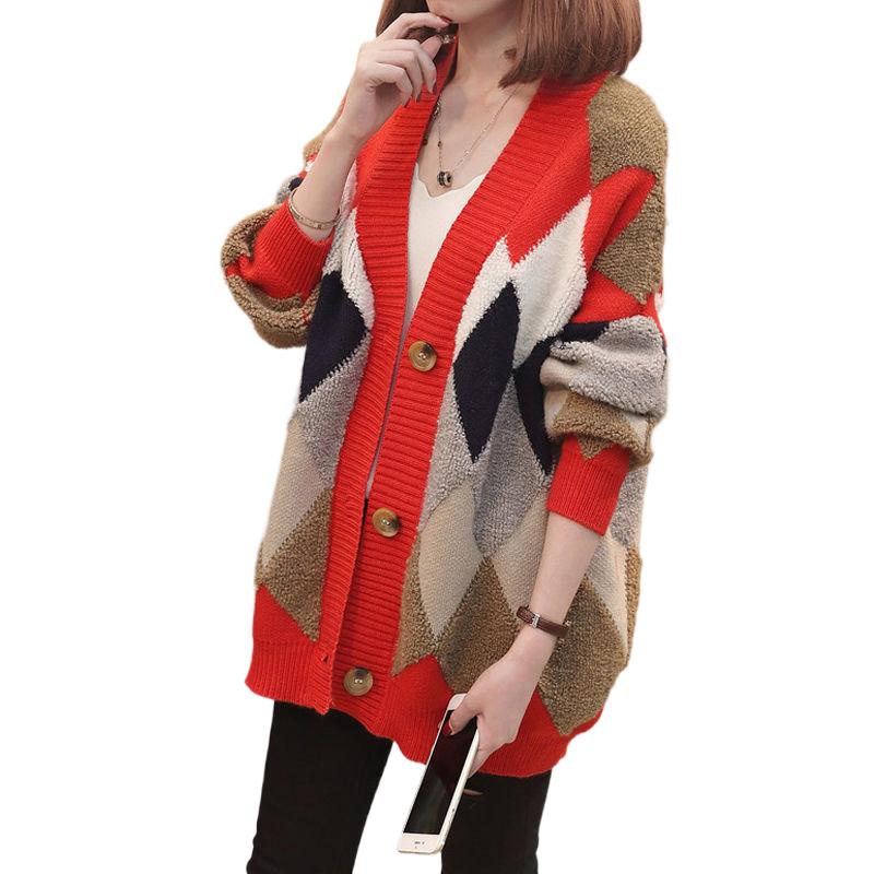 Women's Sweaters Autumn Winter Casual Plaid V-Neck Cardigans Single Breasted Puff Sleeve Loose