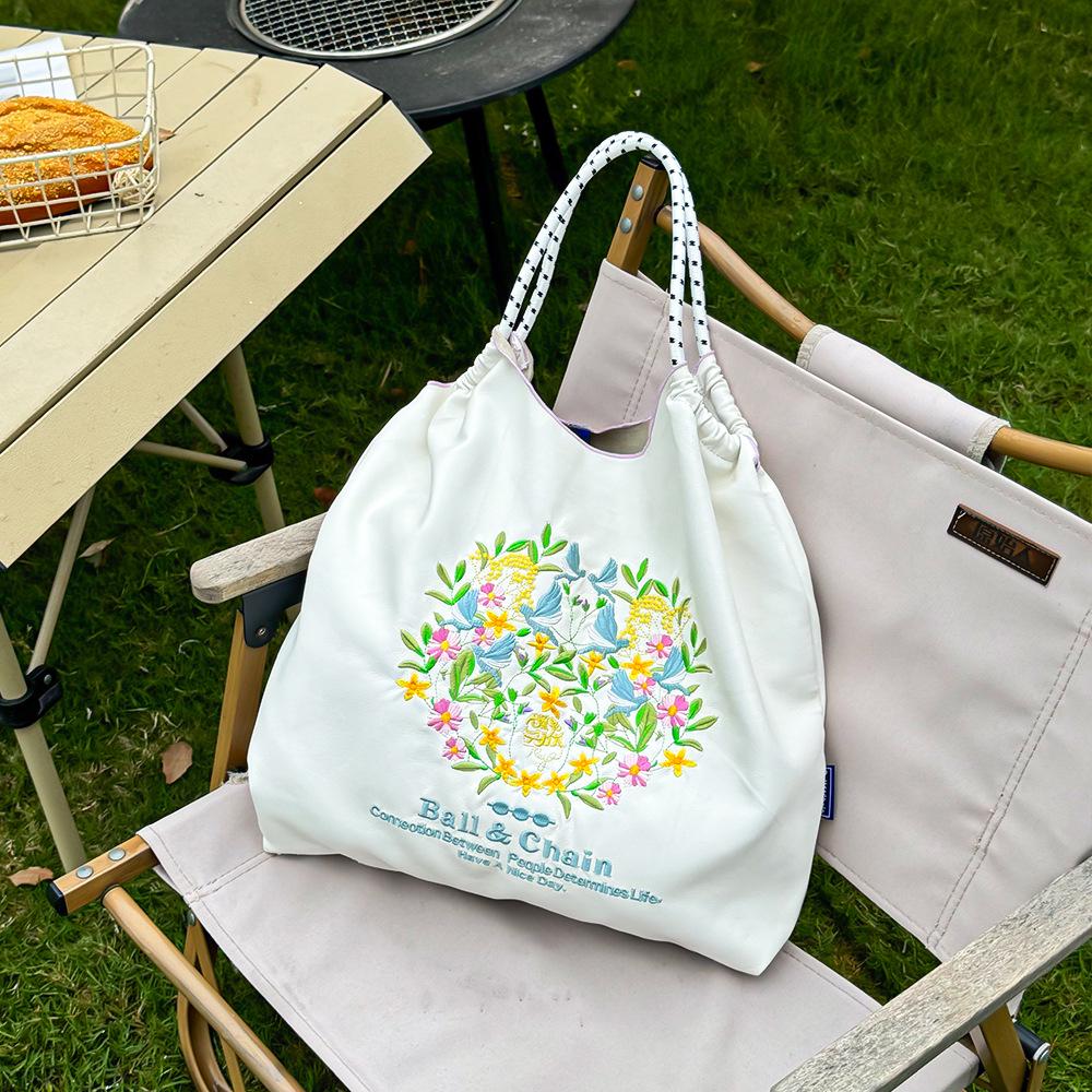 Japanese Style Embroidered Leather Tote Bag - Women's Large Capacity Shoulder Handbag