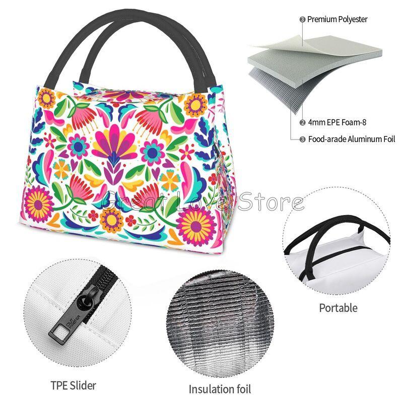 Mexikanische Blumen Florale Kunst Thermische Lunchtasche Damen Tragbar Isoliert Kühlertasche für Picknick Strand Arbeit Wiederverwendbare Brotdosen Taschen