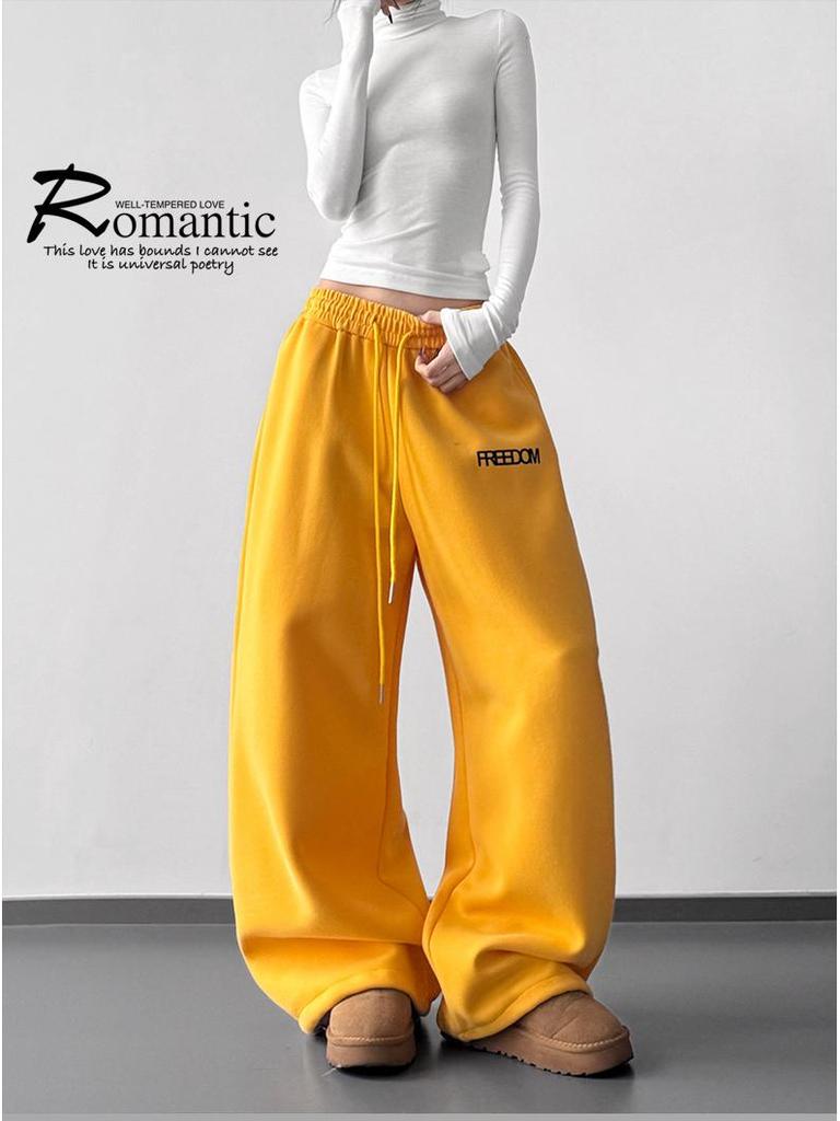 2026 Fall/Winter Red High-Waisted Wide-Leg Women's Sweatpants - Slimming, Casual, Sporty, with Drawstring, Long and Loose Fit.