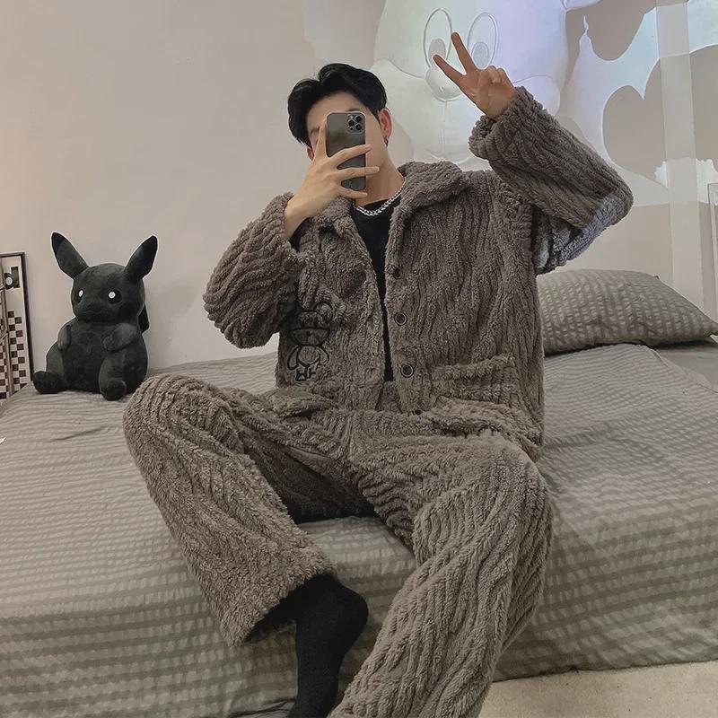 Men's V-Neck Cardigan Flannel Pajama Set - Coral Fleece, Thick, Korean Style, Large Size, 2023 Autumn/Winter