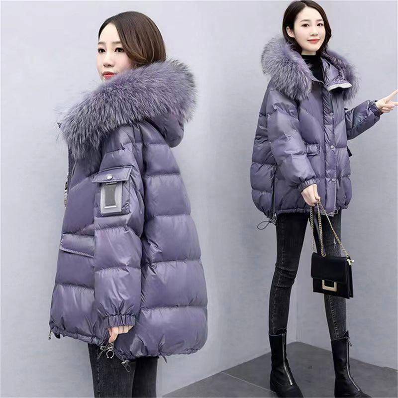 Down Cotton Jacket Women's Mid Length Korean Version Loose Fitting Thick Jacket Large Woolen Collar Winter Hooded Outfi