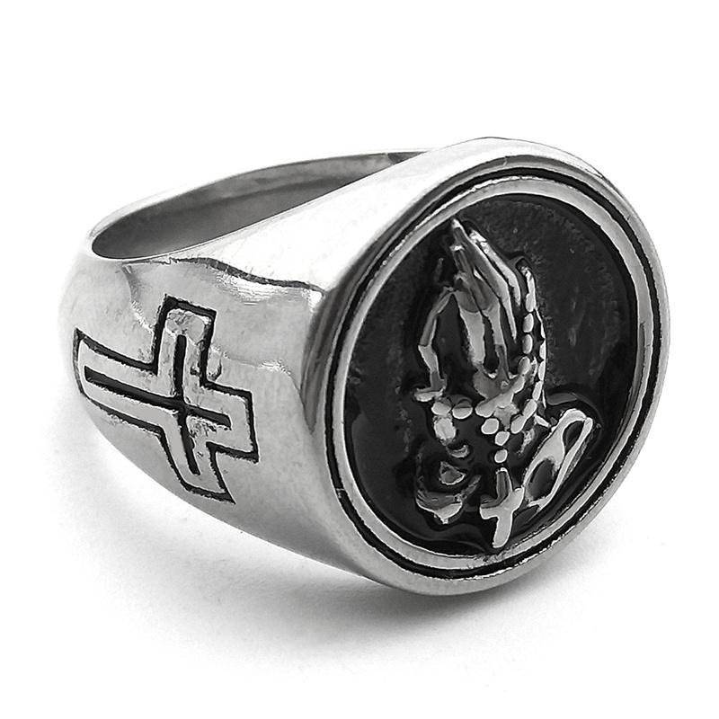 Fashion Simple Praying Hands Jesus Stainless Steel Cross Ring for Women Men Silver Color Hip Hop Ring Jewelry Gift R607