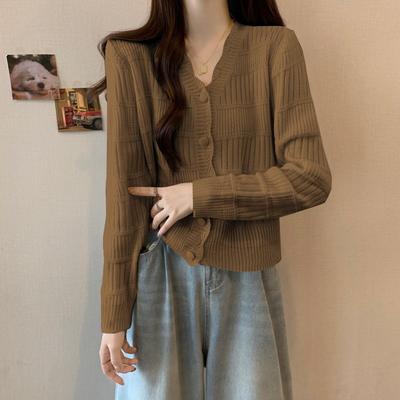 Herbst neue Pulloverjacke einfarbig Damen dünner Kragen Rippstrick Strickjacke Oberteil Damen