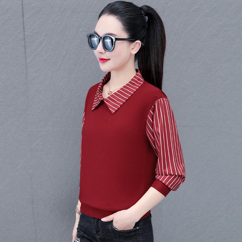 

Women s Autumn Winter New Fashion Striped Fake Two Piece Collared Hoodie Long Sleeve Thin Casual Versatile Base Layer Top L