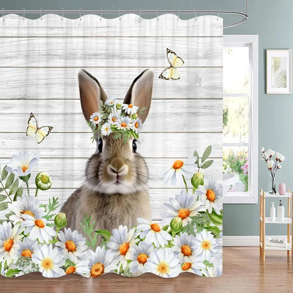 

Happy Easter Bunny Shower Curtain Farm Truck Bunny Eggs Butterfly Elf Washable Polyester Fabric Hanging Curtains Bathroom Decor W60H190(CM)-1 Pcs