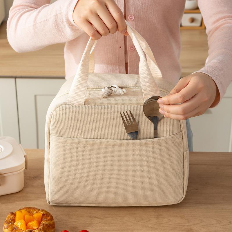 1Pcs Minimalist Portable Handbag Picnic Corduroy Insulated Lunch Bag Hand-Held Large Capacity Lunch Box Storage Bag