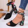 Fashion New Summer Oversized Floral Cloth Women's Shoes with High Heels Block Heel Fishmouth Straight Buckled Strap Women's Sandals