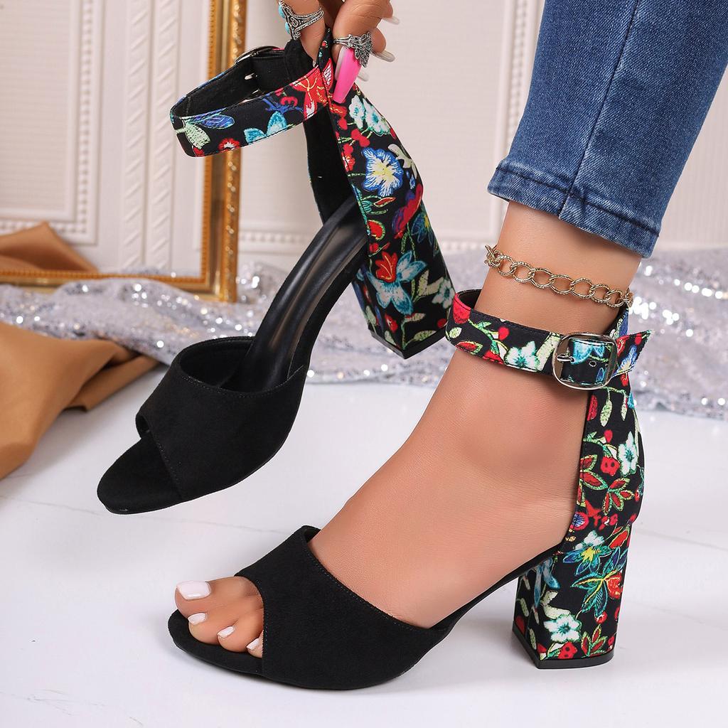Fashion New Summer Oversized Floral Cloth Women's Shoes with High Heels Block Heel Fishmouth Straight Buckled Strap Women's Sandals