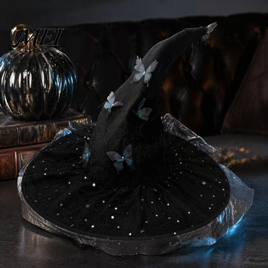 Black Cosplay Hats for Women Halloween Witch Hat Women, Large Glitter Sequins Mesh Wizard Mysterious Costume Accessory Adults with Butterfly
